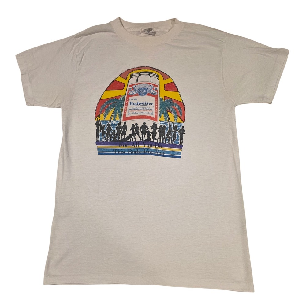 Vintage 80s Budweiser Beach Can T Shirt Mens L Single Stitch Made in USA White